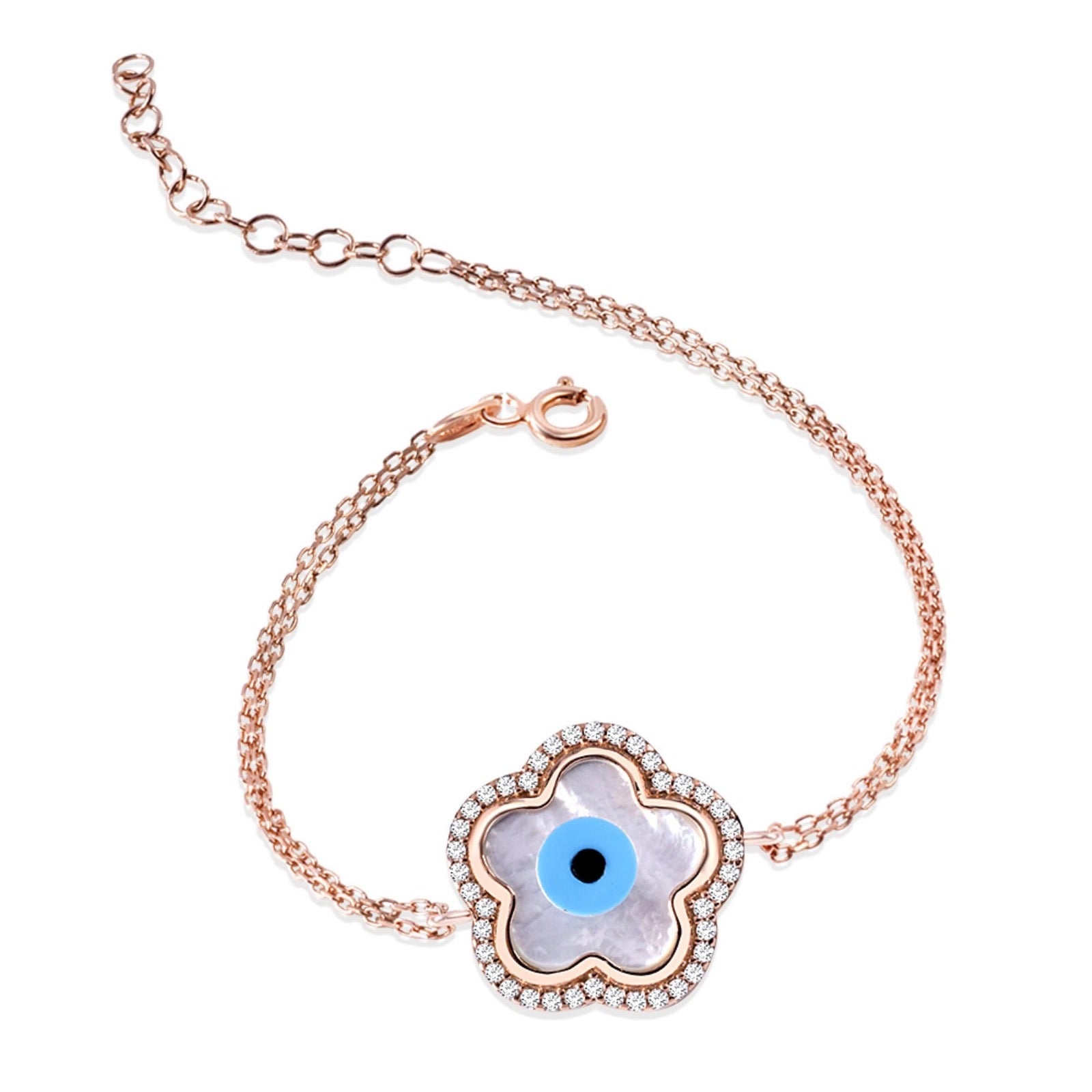 LEAH Bracelet featuring a flower charm with cubic zirconias and an enameled evil eye, crafted in 925 Sterling Silver with rose gold plating.