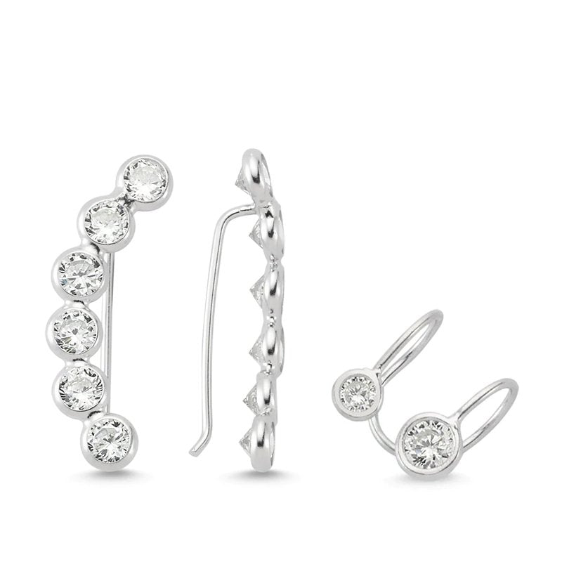 Leah Silver Ear Cuffs and Climber Earrings Set featuring handmade 925 sterling silver with CZ crystals, available in rose gold or rhodium plating.