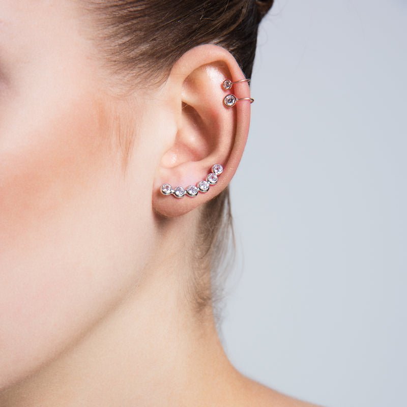 Leah Silver Ear Cuffs and Climber Earrings Set featuring handmade 925 sterling silver with CZ crystals, available in rose gold or rhodium plating.