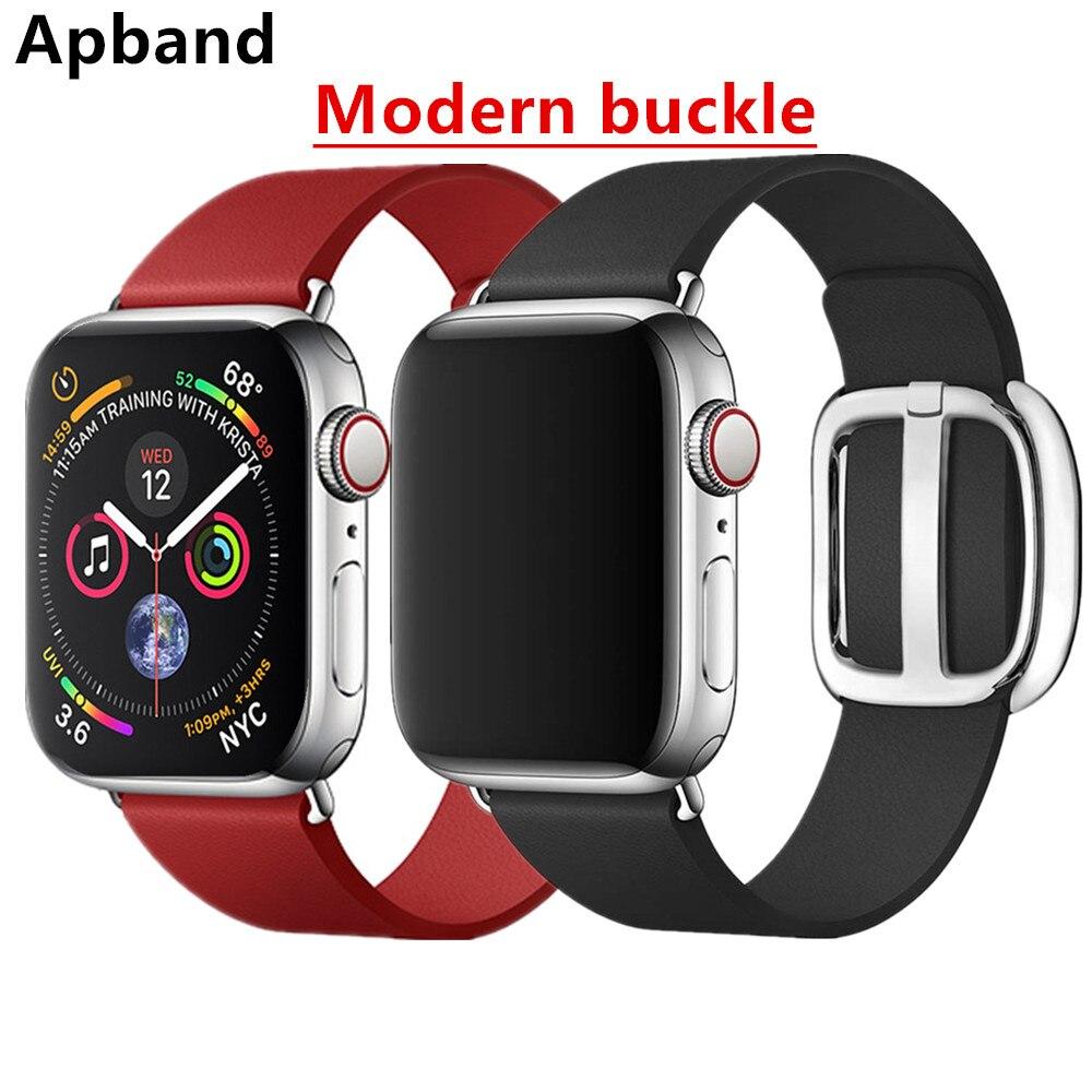 Leather Modern buckle strap for Apple Watch in various colors, showcasing its elegant design and genuine leather material.