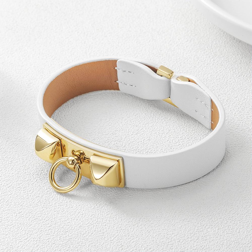 A stylish leather strap bracelet featuring 316L surgical stainless steel and 14K gold PVD plating, perfect for everyday wear.