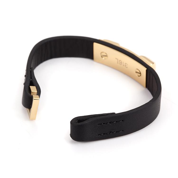 A stylish leather strap bracelet featuring 316L surgical stainless steel and 14K gold PVD plating, perfect for everyday wear.