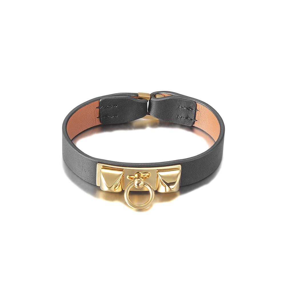 A stylish leather strap bracelet featuring 316L surgical stainless steel and 14K gold PVD plating, perfect for everyday wear.