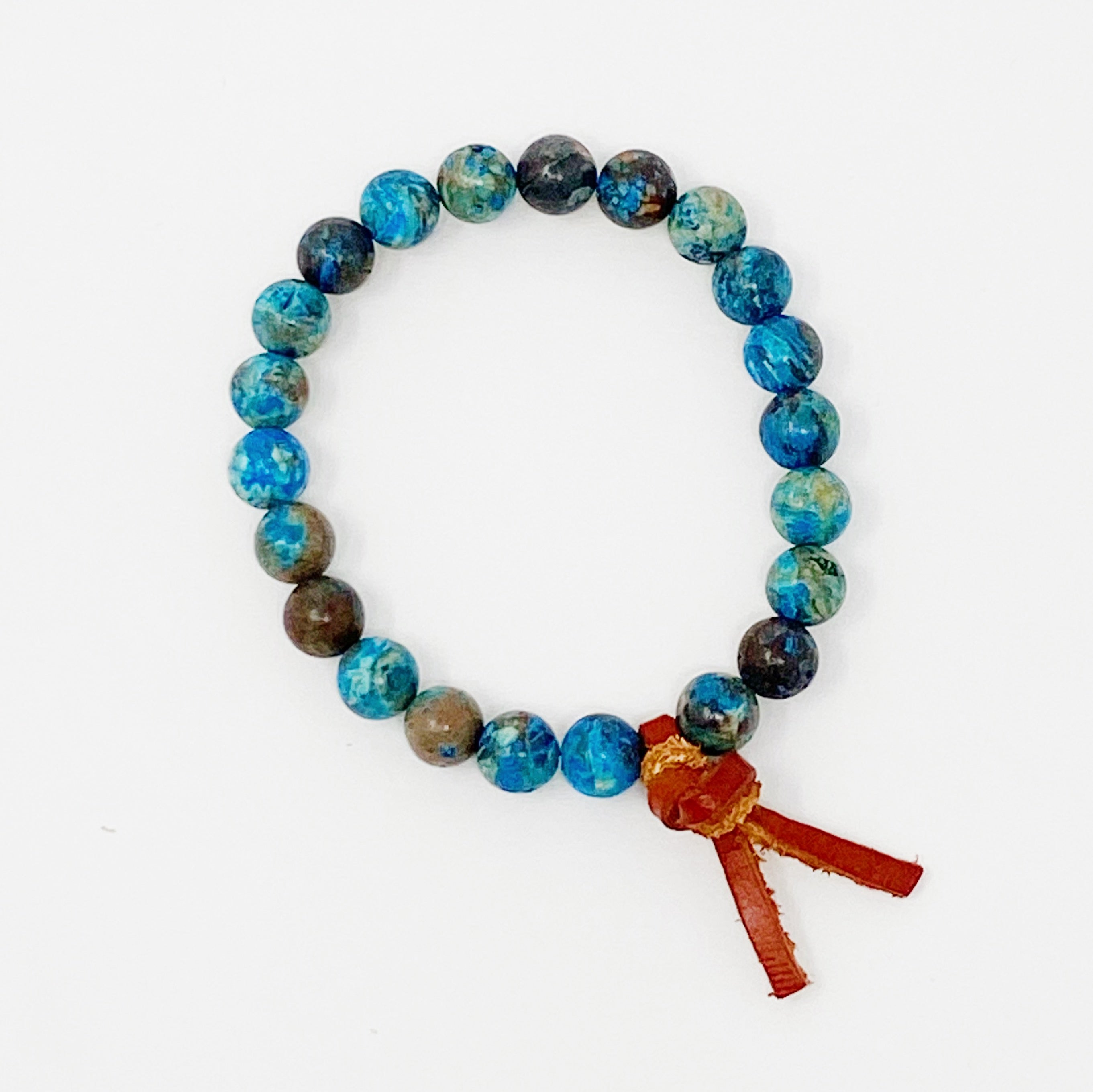 Leather Tie Stone Bracelet featuring blue pattern agate beads and a genuine leather tie, showcasing a boho style.