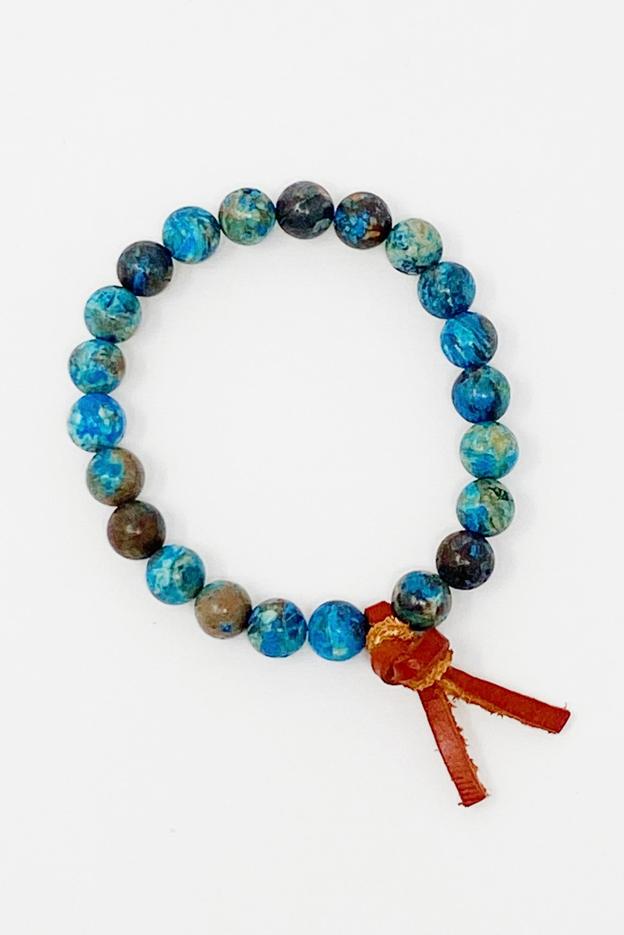 Leather Tie Stone Bracelet featuring blue pattern agate beads and a genuine leather tie, showcasing a boho style.