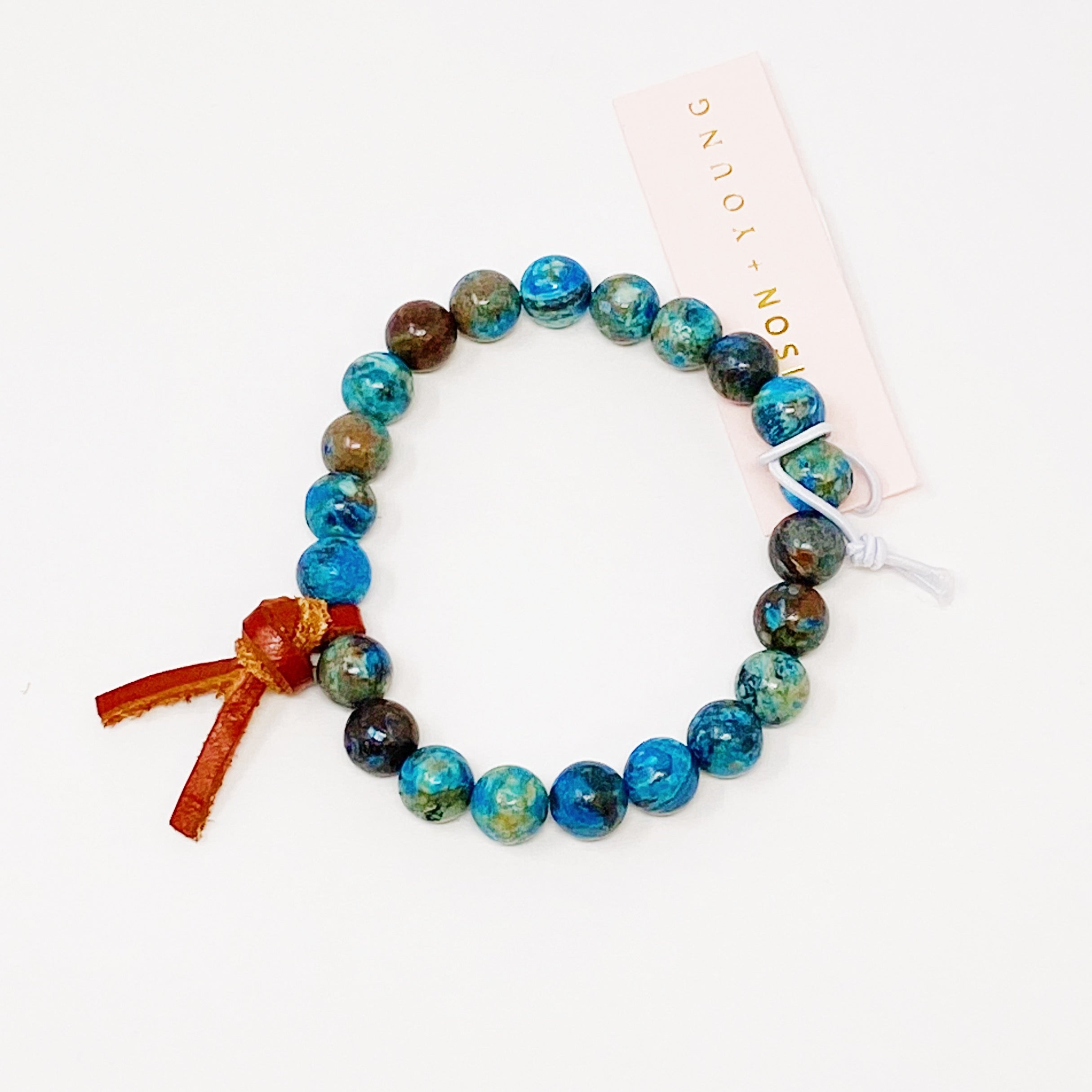 Leather Tie Stone Bracelet featuring blue pattern agate beads and a genuine leather tie, showcasing a boho style.