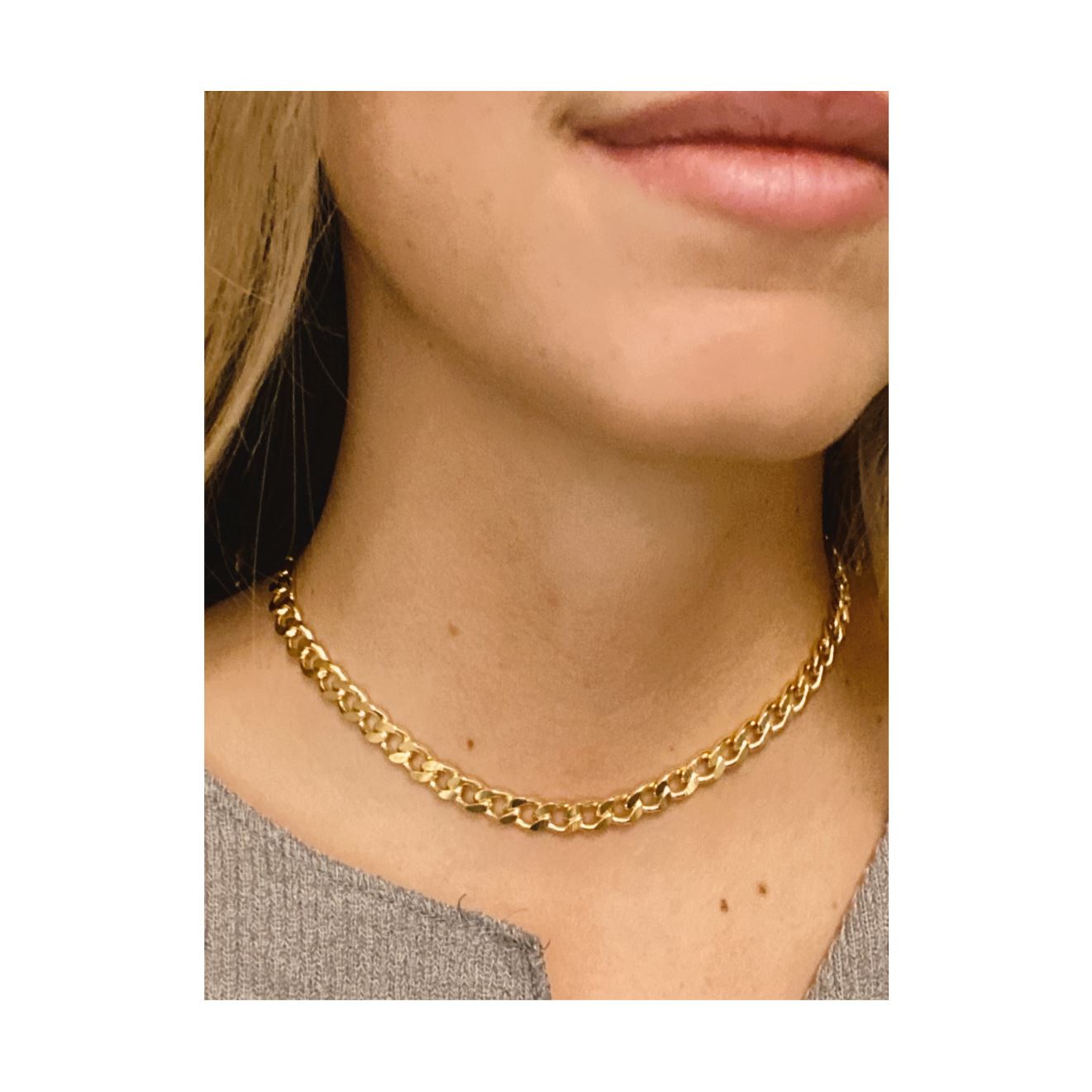 Leila Cuban Link Choker featuring medium flat chain with squared-off links, showcasing a vintage-inspired design in Brazilian gold filled material.