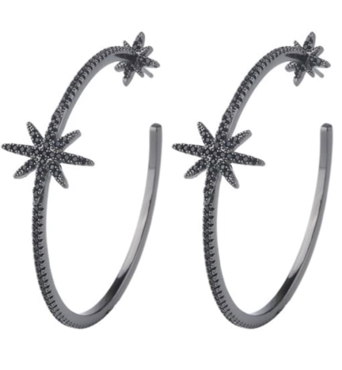 LEILA Hoop Earrings featuring cubic zirconia stars in a stylish c-hoop design, available in silver, gold, and black.