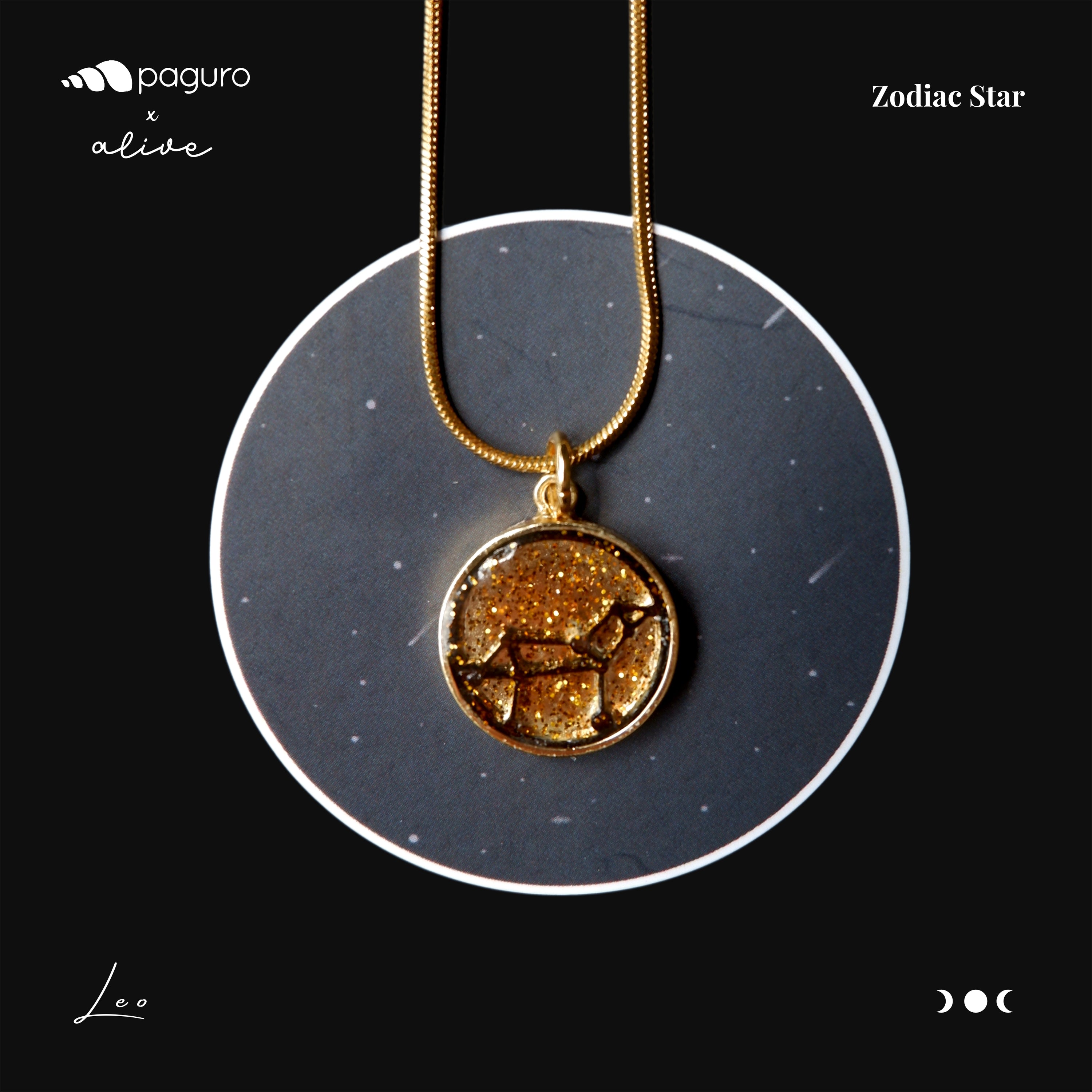 Leo Zodiac Sign Sustainable Necklace made from recycled wood and plant resin, featuring a gold plated brass pendant and chain.