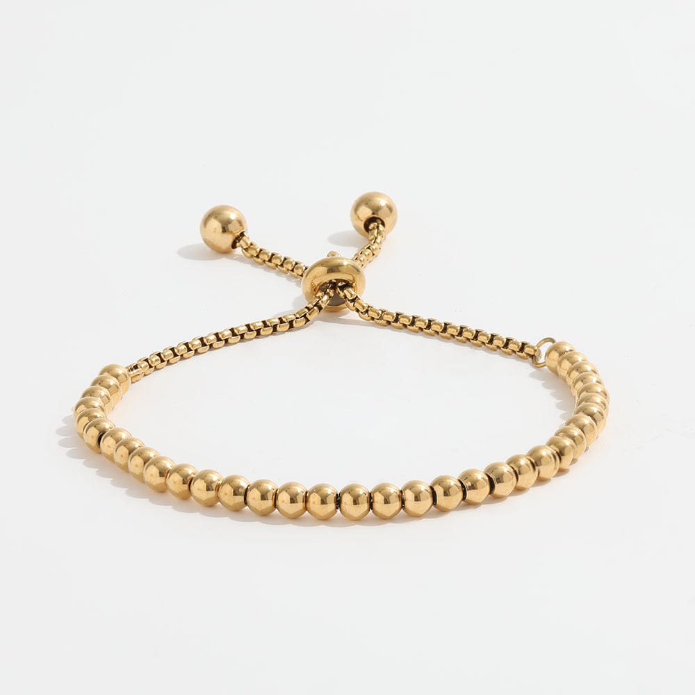 Leonidas Beaded Ball Bracelet featuring a dainty 4mm stainless steel ball chain with 18K gold plating, adjustable length from 15cm to 24cm.