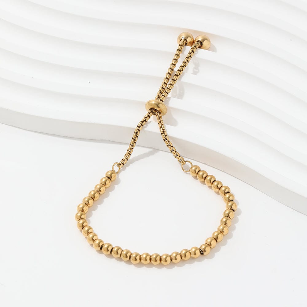 Leonidas Beaded Ball Bracelet featuring a dainty 4mm stainless steel ball chain with 18K gold plating, adjustable length from 15cm to 24cm.