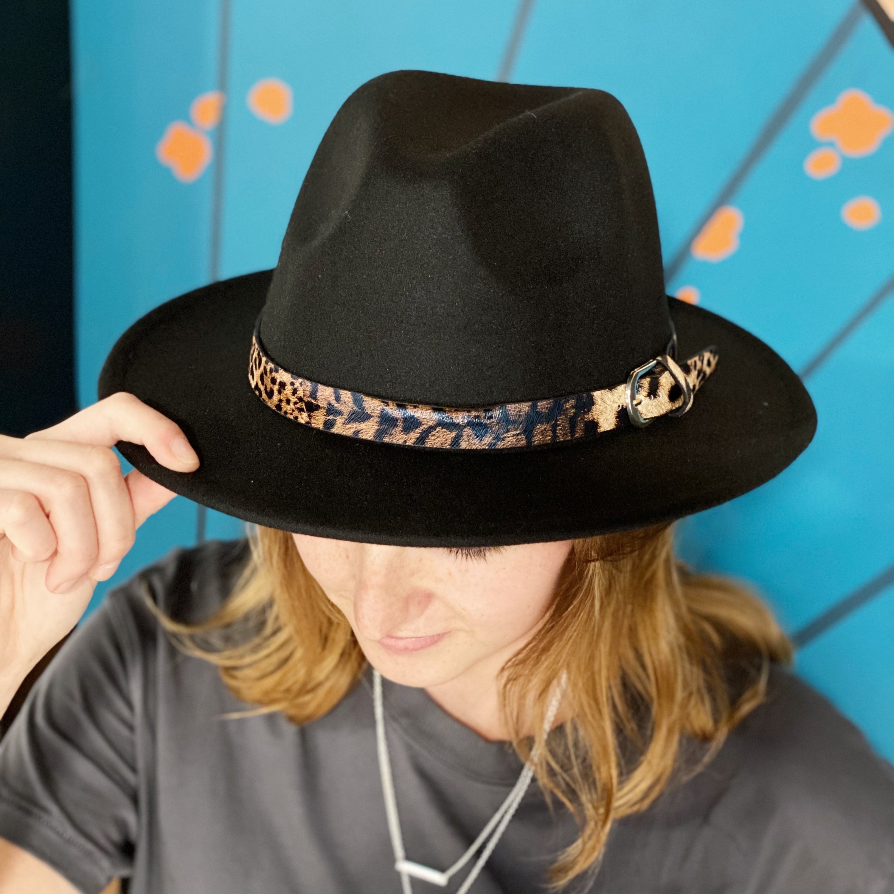 Leopard Band Fedora Hat with stylish leopard print belt, perfect for any occasion.