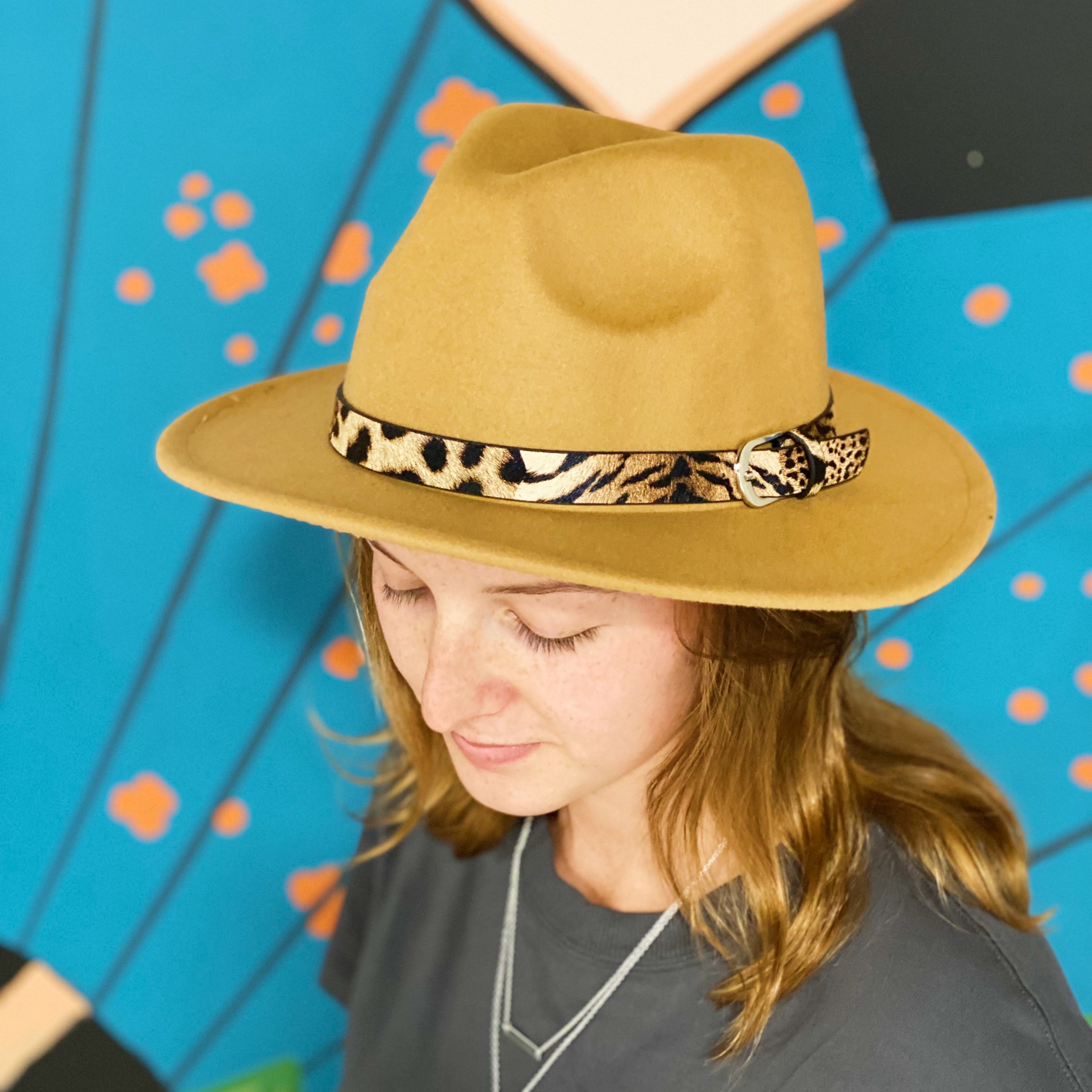 Leopard Band Fedora Hat with stylish leopard print belt, perfect for any occasion.