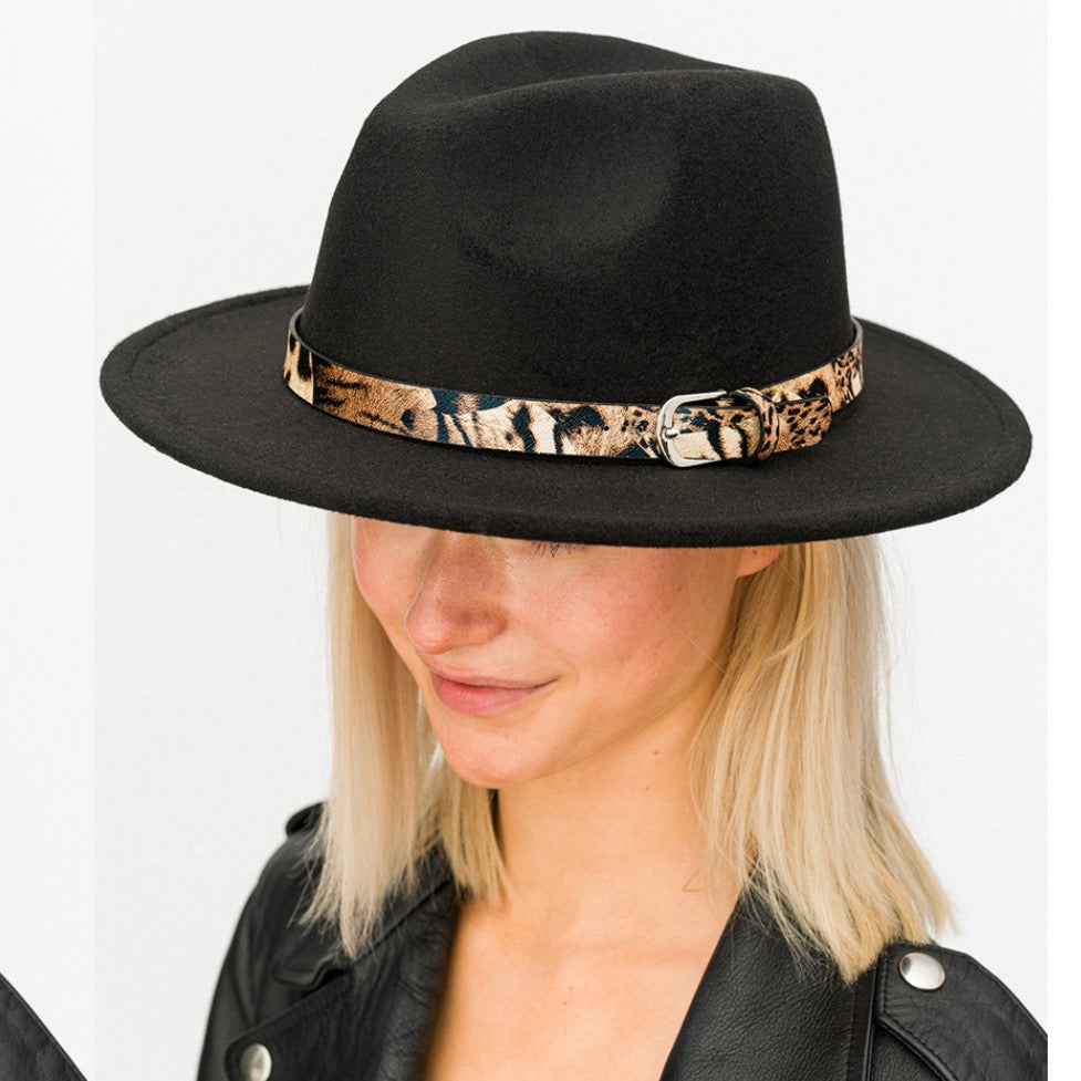 Leopard Band Fedora Hat with stylish leopard print belt, perfect for any occasion.