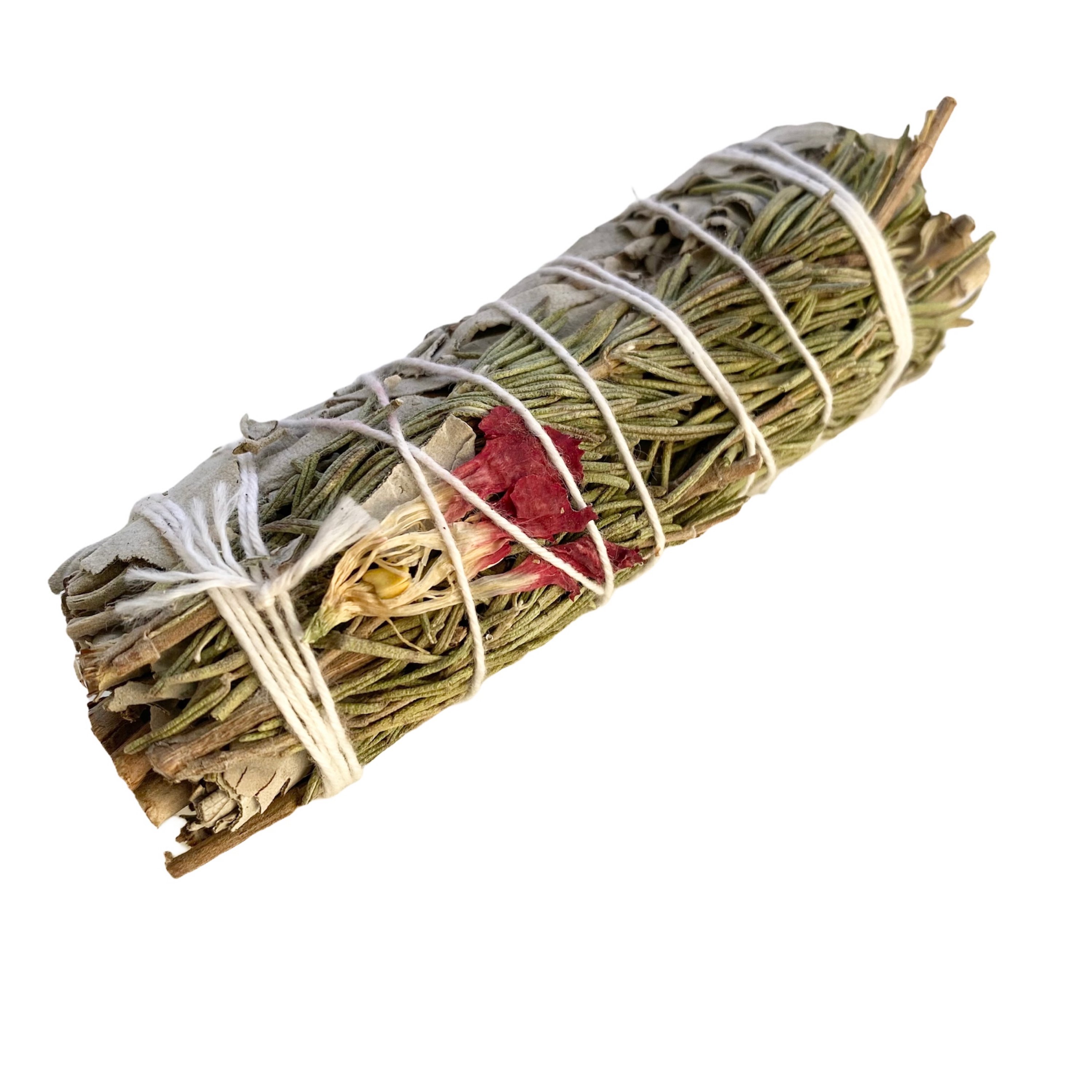 Letting Go Botanical Smudge Stick featuring white sage, rosemary, and pink carnation petals, ideal for cleansing and empowerment rituals.