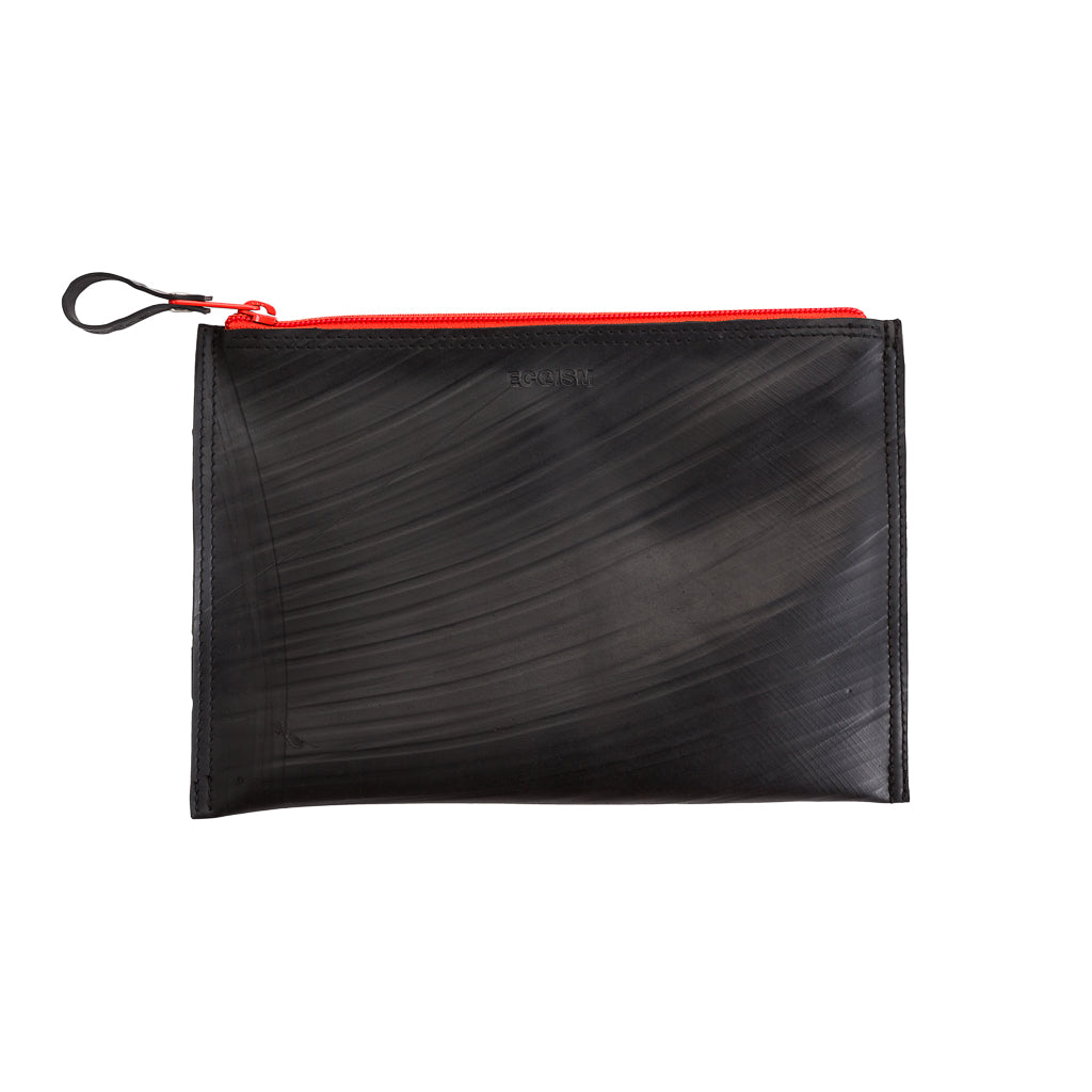 Lewis Essential Medium Flat Vegan Pouch with colorful zip and soft velvet lining, made from reclaimed inner tubes.