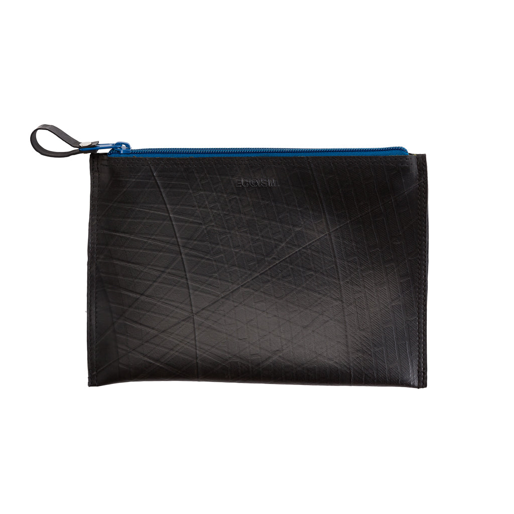 Lewis Essential Medium Flat Vegan Pouch with colorful zip and soft velvet lining, made from reclaimed inner tubes.