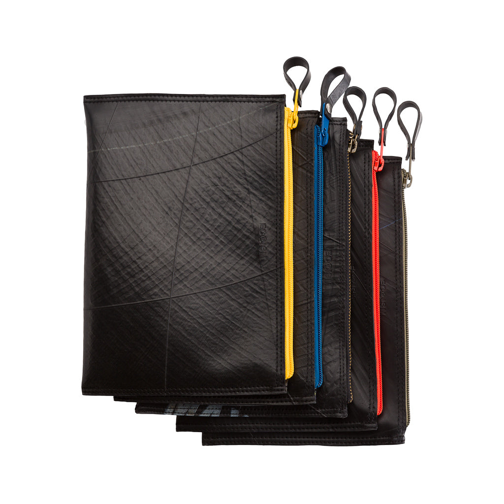 Lewis Essential Medium Flat Vegan Pouch with colorful zip and soft velvet lining, made from reclaimed inner tubes.