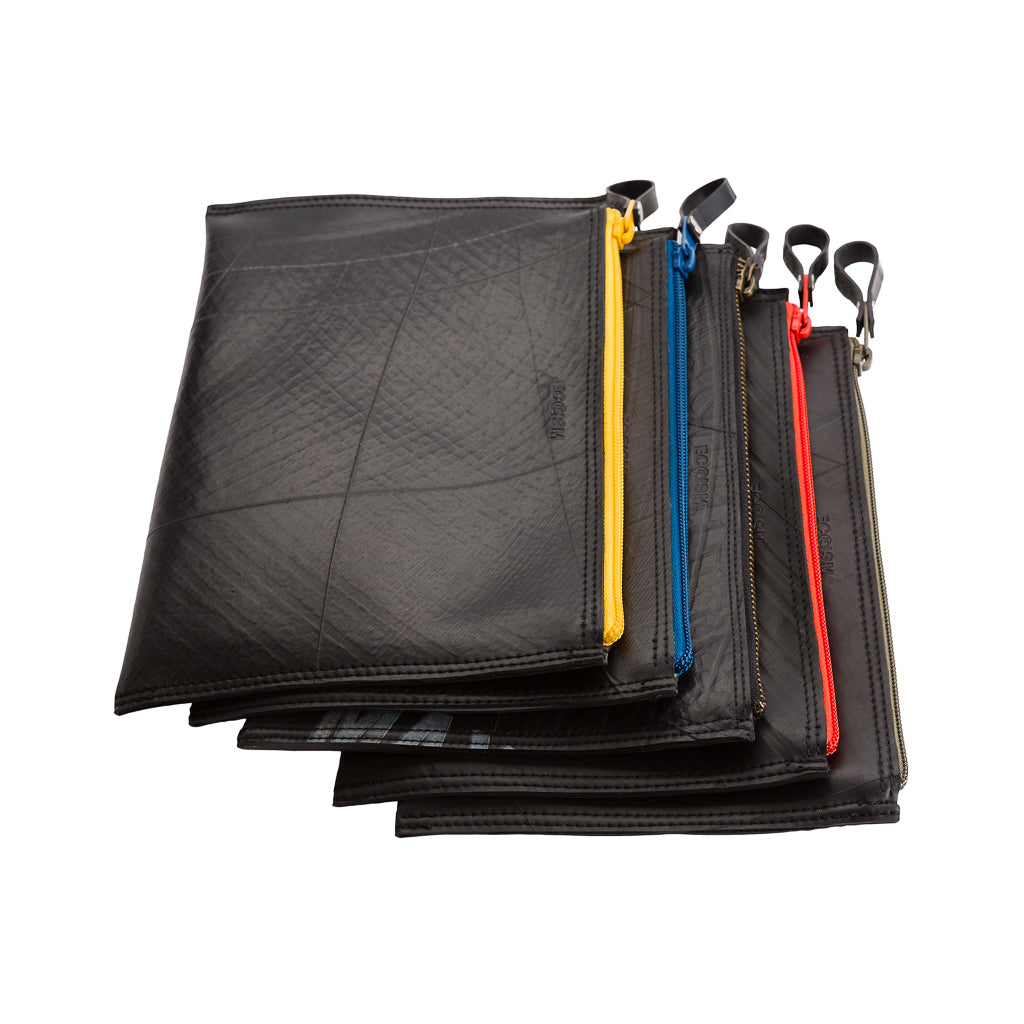 Lewis Essential Medium Flat Vegan Pouch with colorful zip and soft velvet lining, made from reclaimed inner tubes.