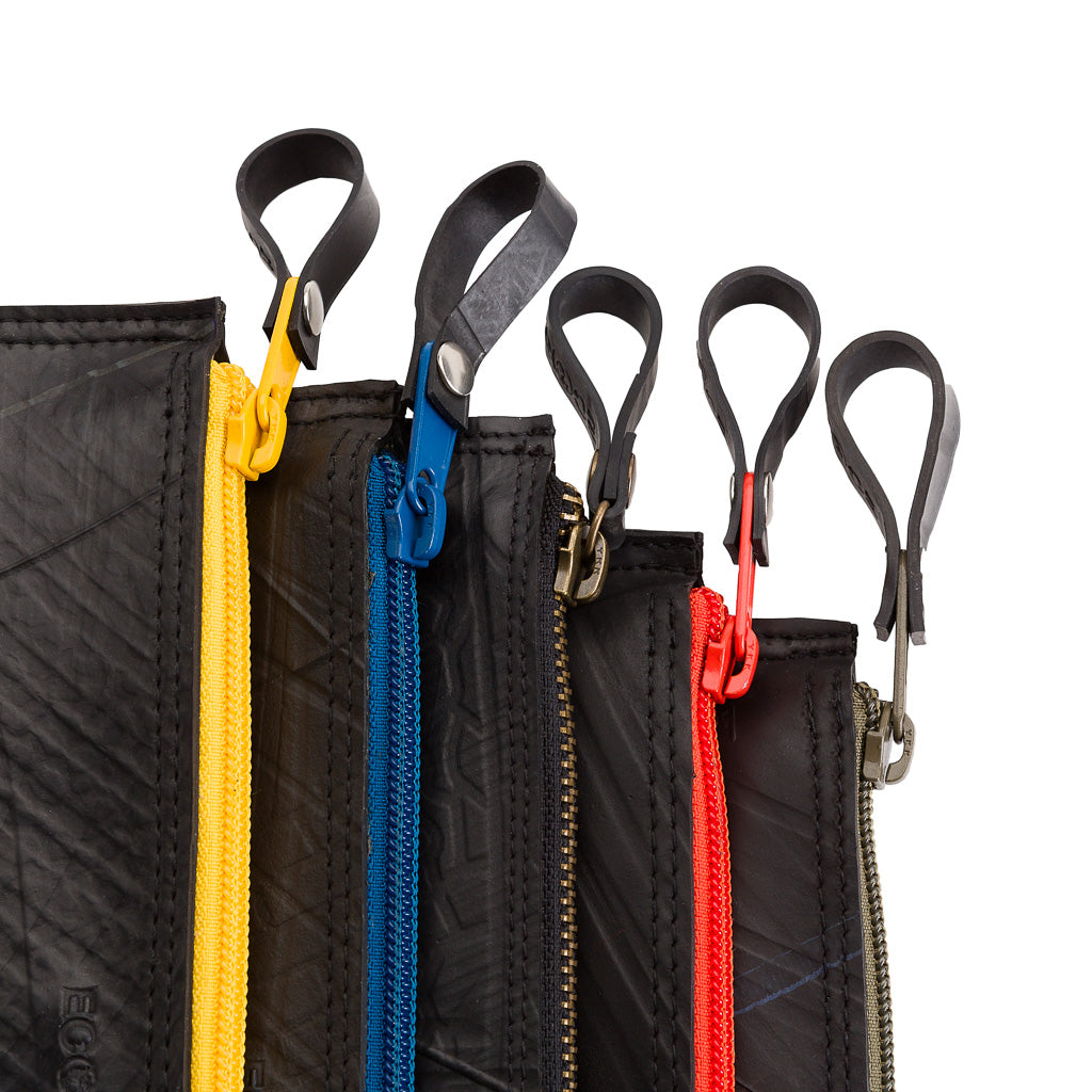 Lewis Essential Medium Flat Vegan Pouch with colorful zip and soft velvet lining, made from reclaimed inner tubes.