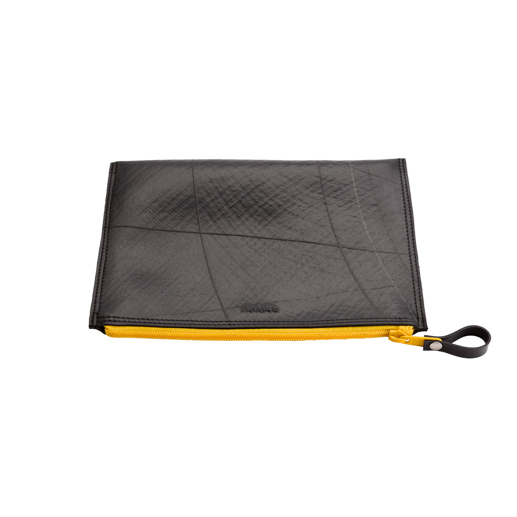 Lewis Essential Medium Flat Vegan Pouch with colorful zip and soft velvet lining, made from reclaimed inner tubes.