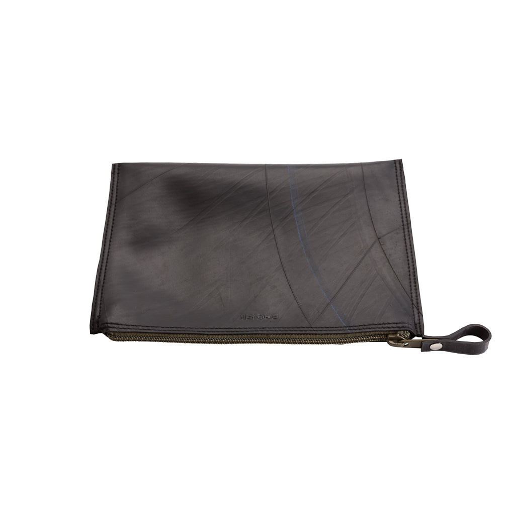 Lewis Essential Medium Flat Vegan Pouch with colorful zip and soft velvet lining, made from reclaimed inner tubes.