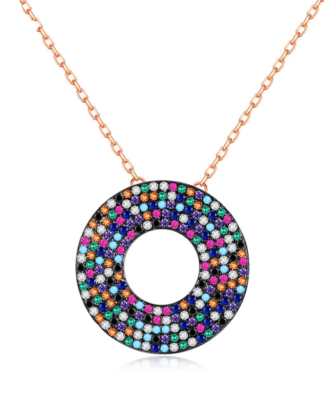 LIA Necklace featuring colorful cubic zirconia stones on a black-finished eternity circle pendant with a 14k rose gold plated cable chain.