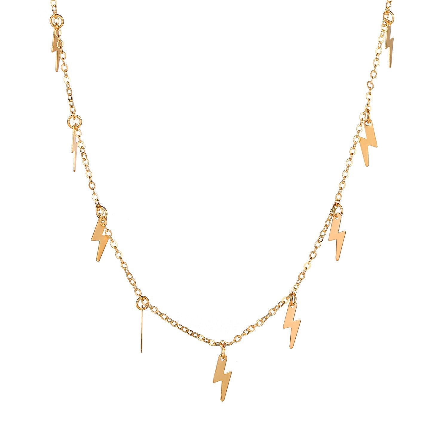 A stunning 18K gold plated Lightning Bolt Necklace featuring a link chain and lobster clasp, elegantly displayed against a soft background.