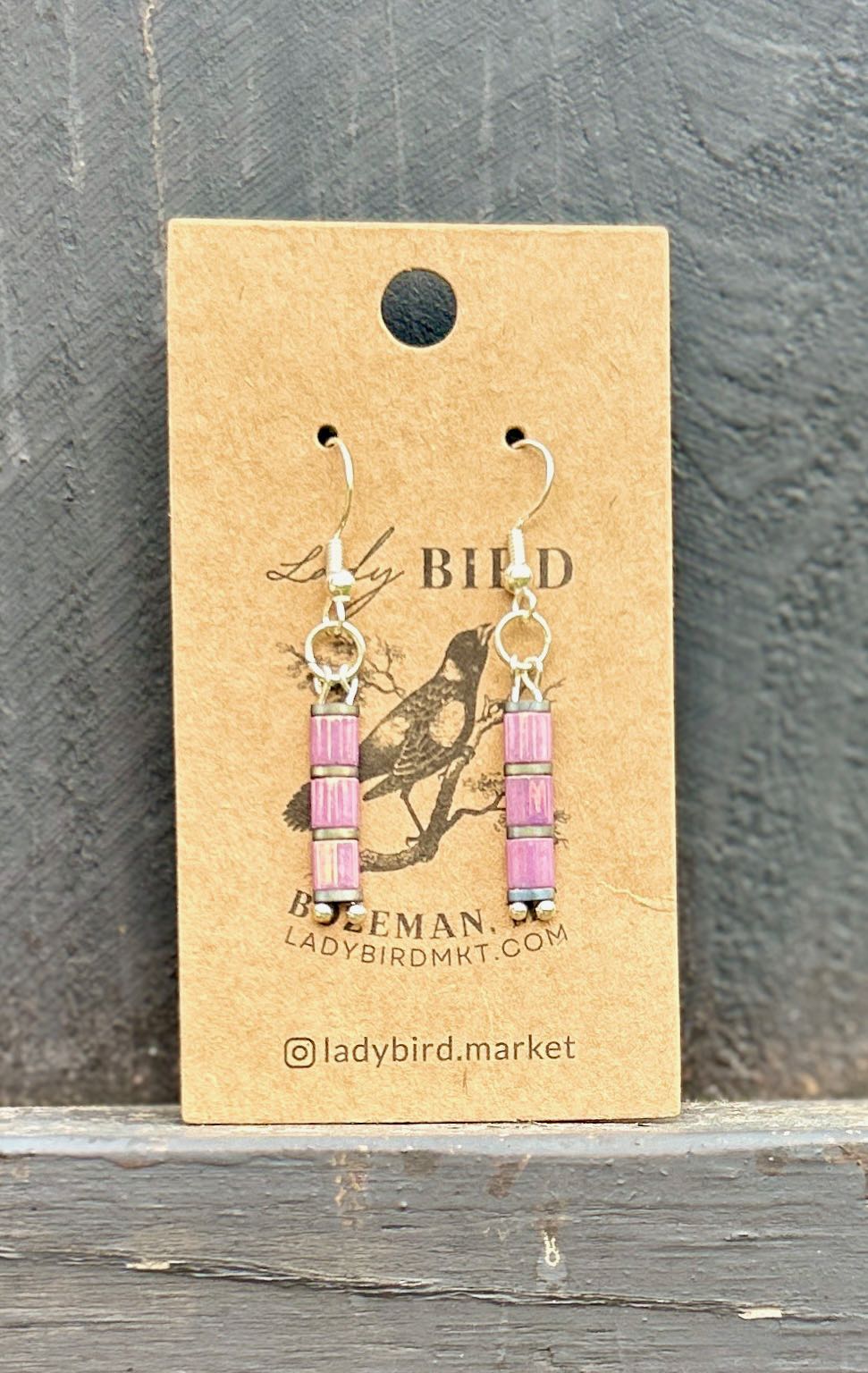 Lilac Pink & Silver Tila Bead Earrings featuring shiny beads and a bohemian design.