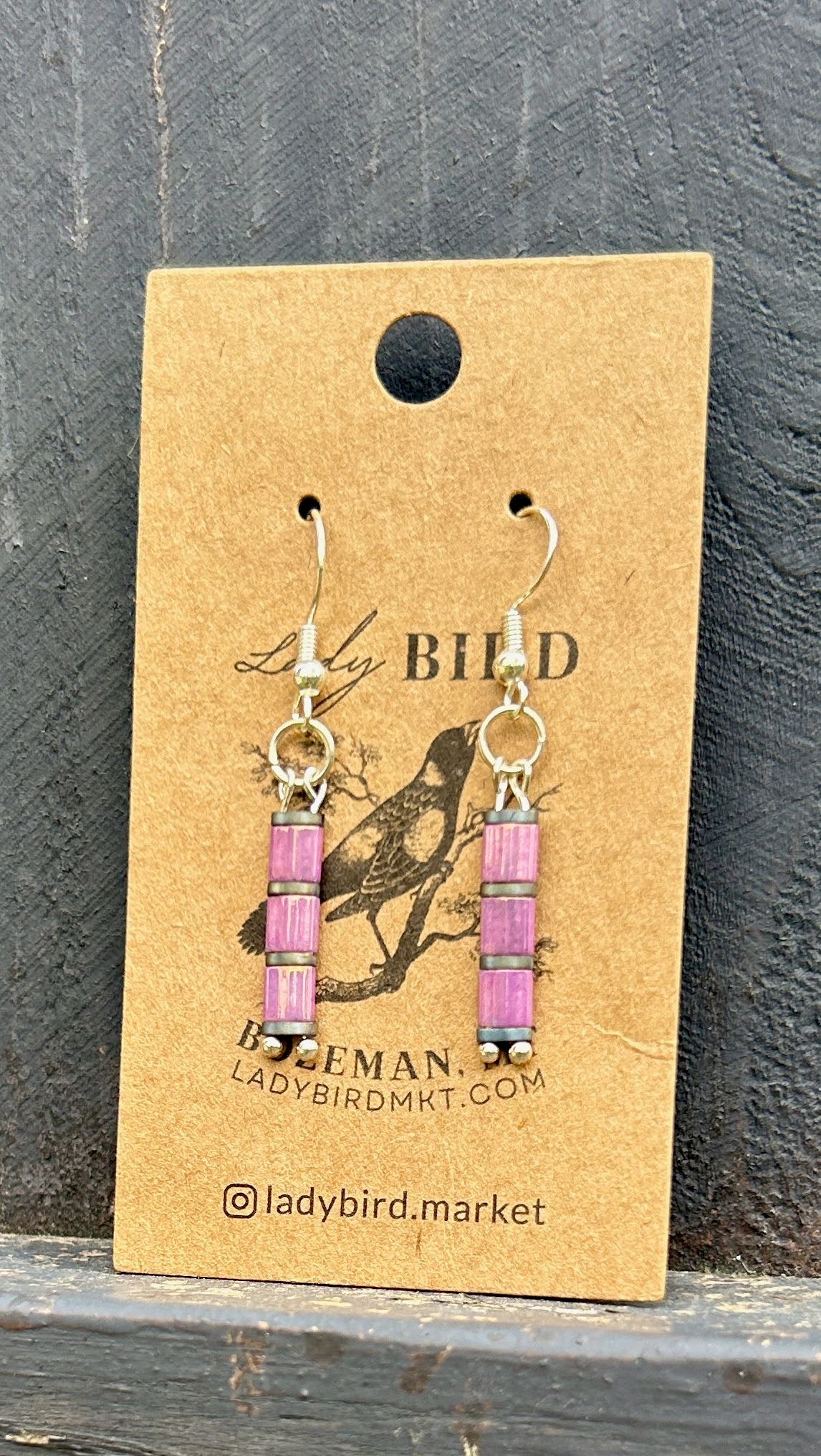 Lilac Pink & Silver Tila Bead Earrings featuring shiny beads and a bohemian design.