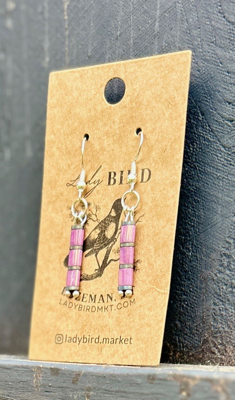 Lilac Pink & Silver Tila Bead Earrings featuring shiny beads and a bohemian design.