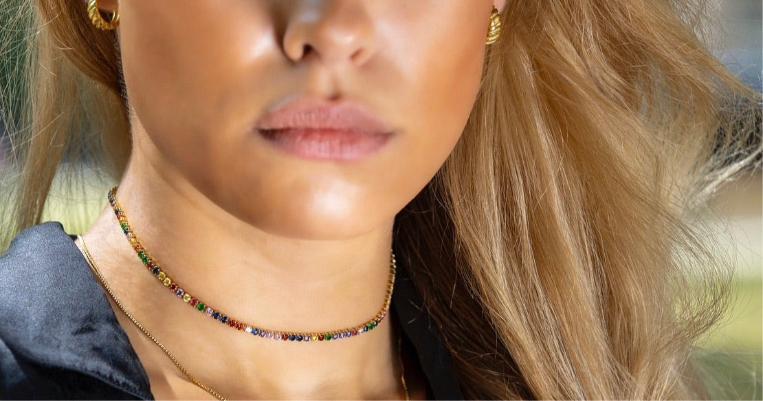 LINDSEY Multi Color Choker featuring vibrant cubic zirconias on a dainty tennis chain, crafted from 925 sterling silver with 18K gold plating.