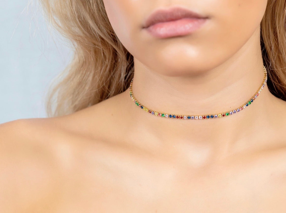 LINDSEY Multi Color Choker featuring vibrant cubic zirconias on a dainty tennis chain, crafted from 925 sterling silver with 18K gold plating.