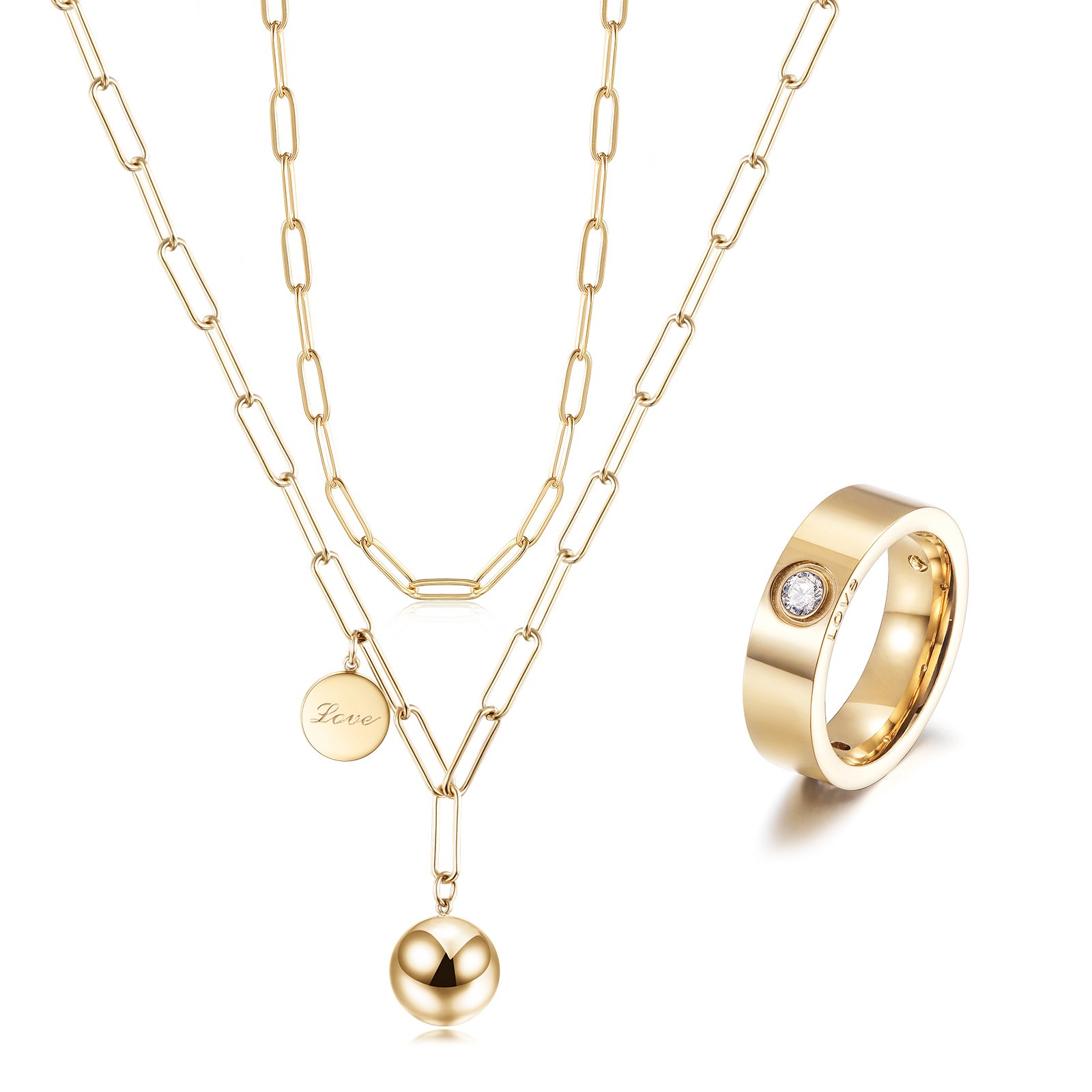 Linear Link Set featuring a ball pendant necklace and a classic CZ band ring in solid 14k yellow gold.