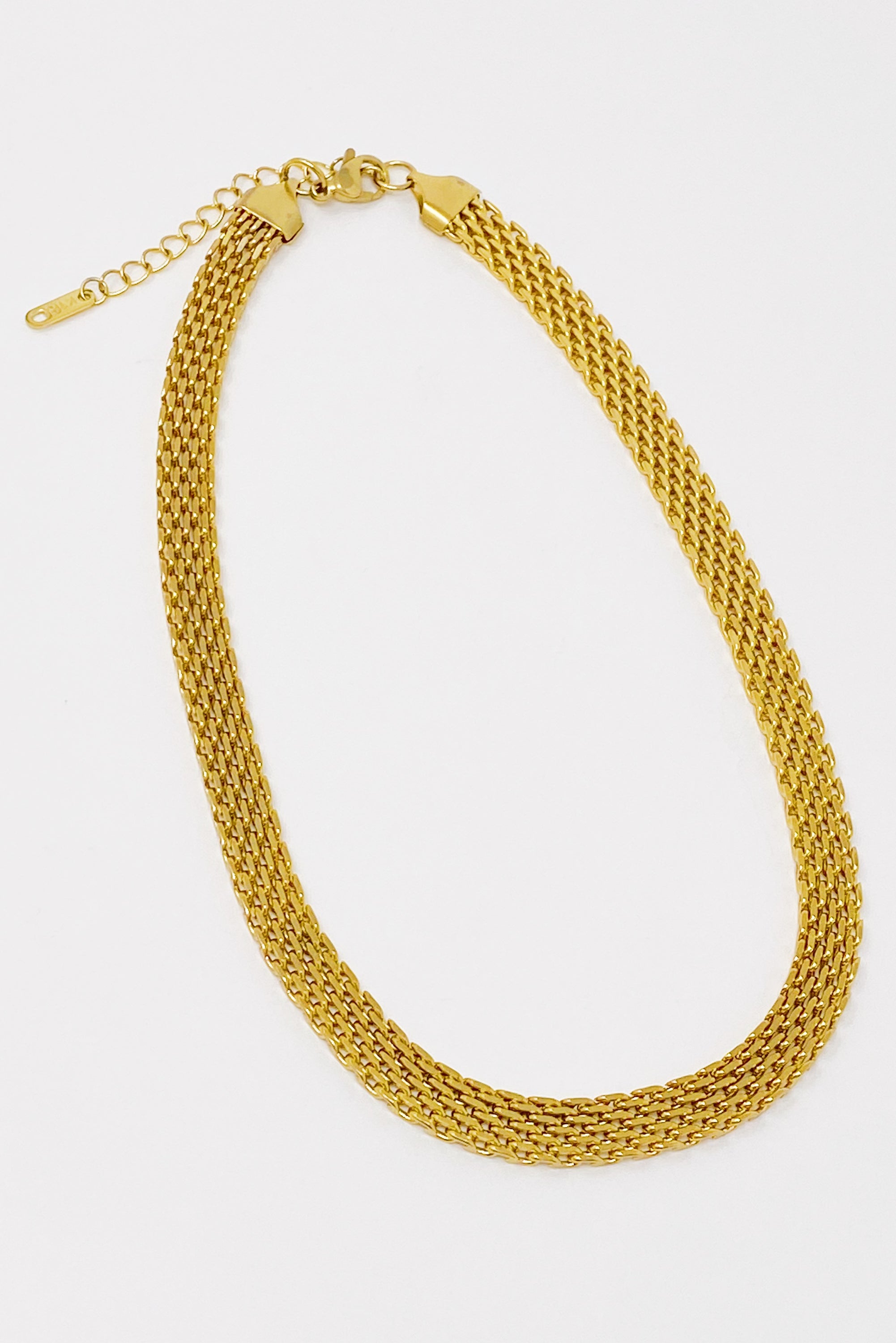 A stylish mesh gold linked necklace with adjustable length, showcasing its elegant design and high-quality finish.