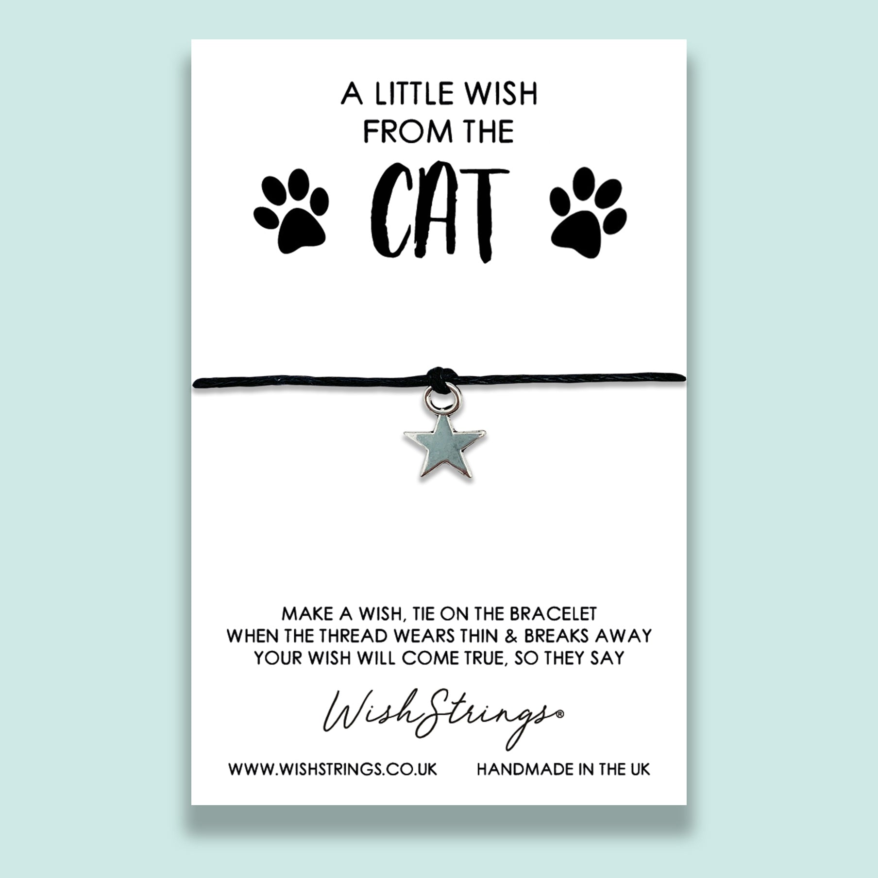 A delicate Little Wish Cat Wish Bracelet featuring a heart star-shaped charm, beautifully knotted on waxed cotton cord, presented with an inspirational wish card.