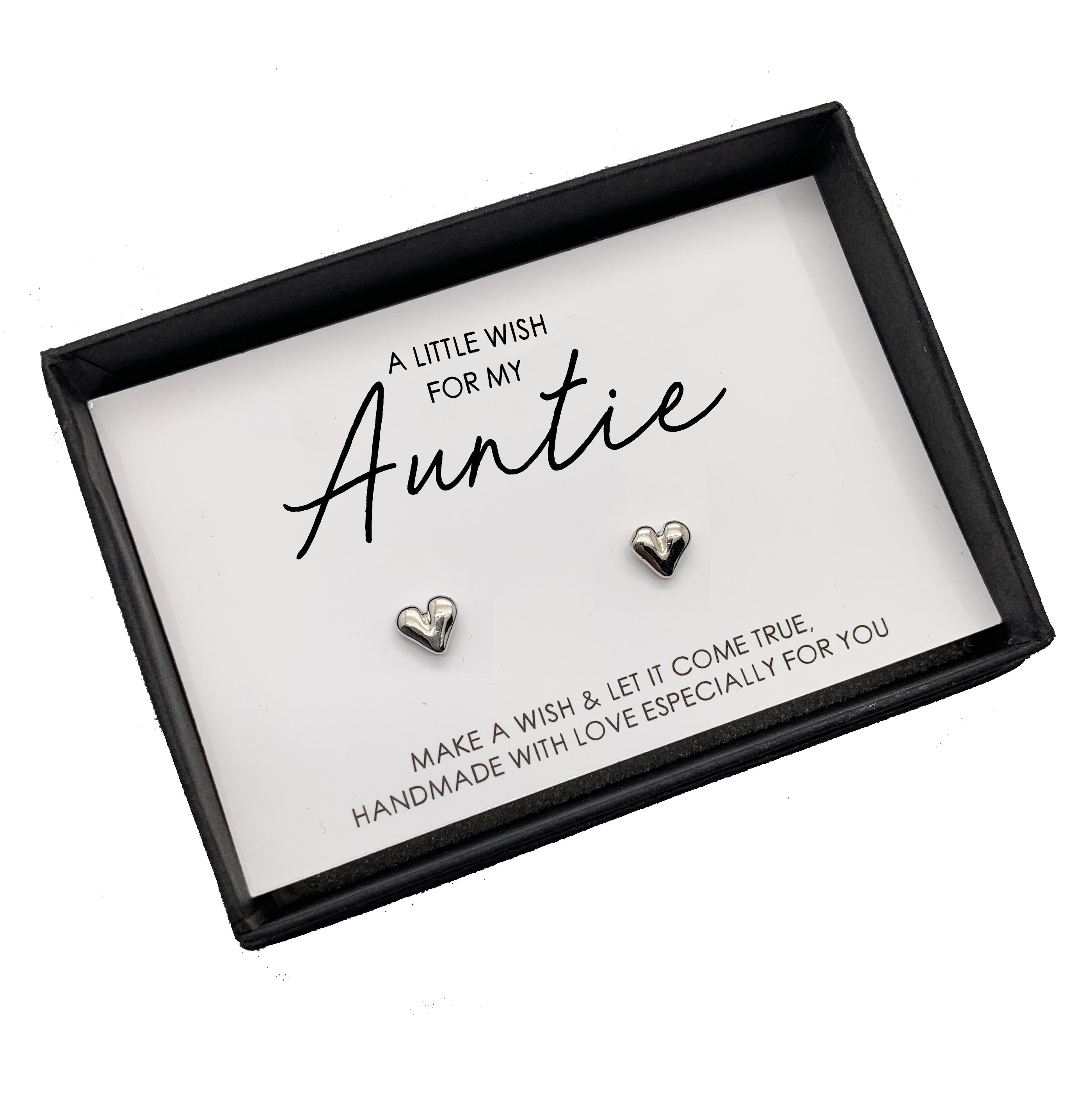 LittleWish Auntie Boxed Earrings in a black gift box with an inspirational card.