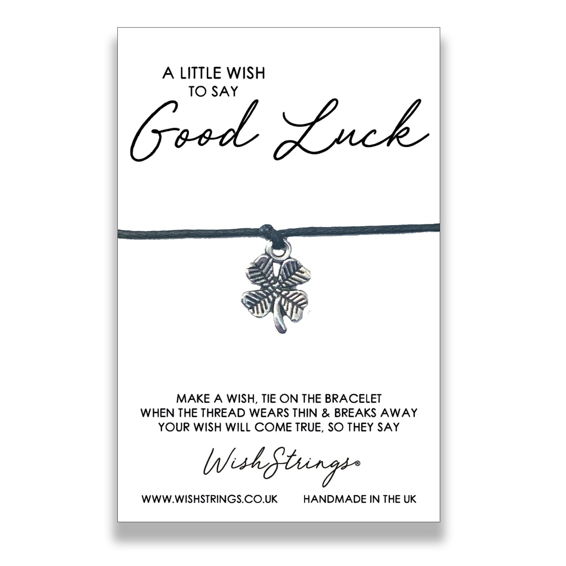 LittleWish GOOD LUCK WishStrings bracelet with Tibetan Silver charm on waxed cotton cord, presented on a luxury display card.