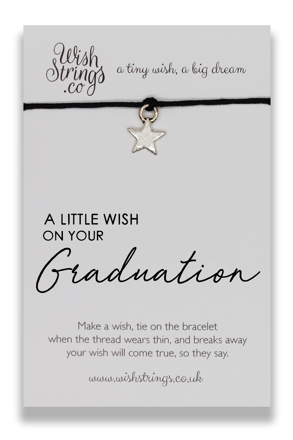 LittleWish GRADUATION Wish Bracelet featuring a Tibetan Silver charm on waxed cotton cord, beautifully presented on a luxury display card.