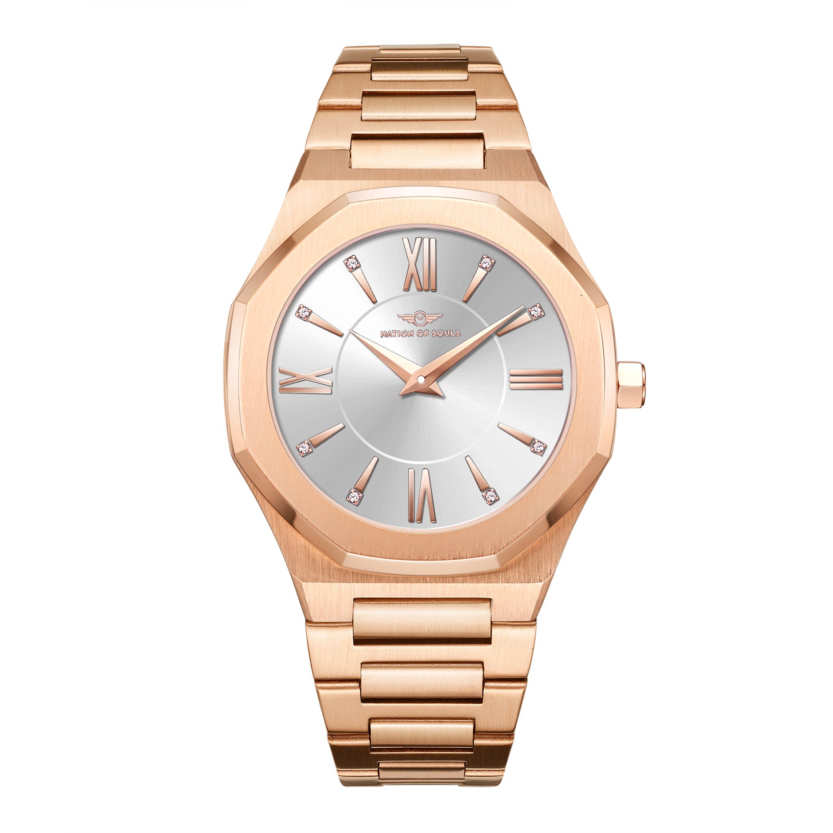 Livia Rose Gold - Silver watch featuring Roman numerals, square stones, and a multi-link bracelet strap.