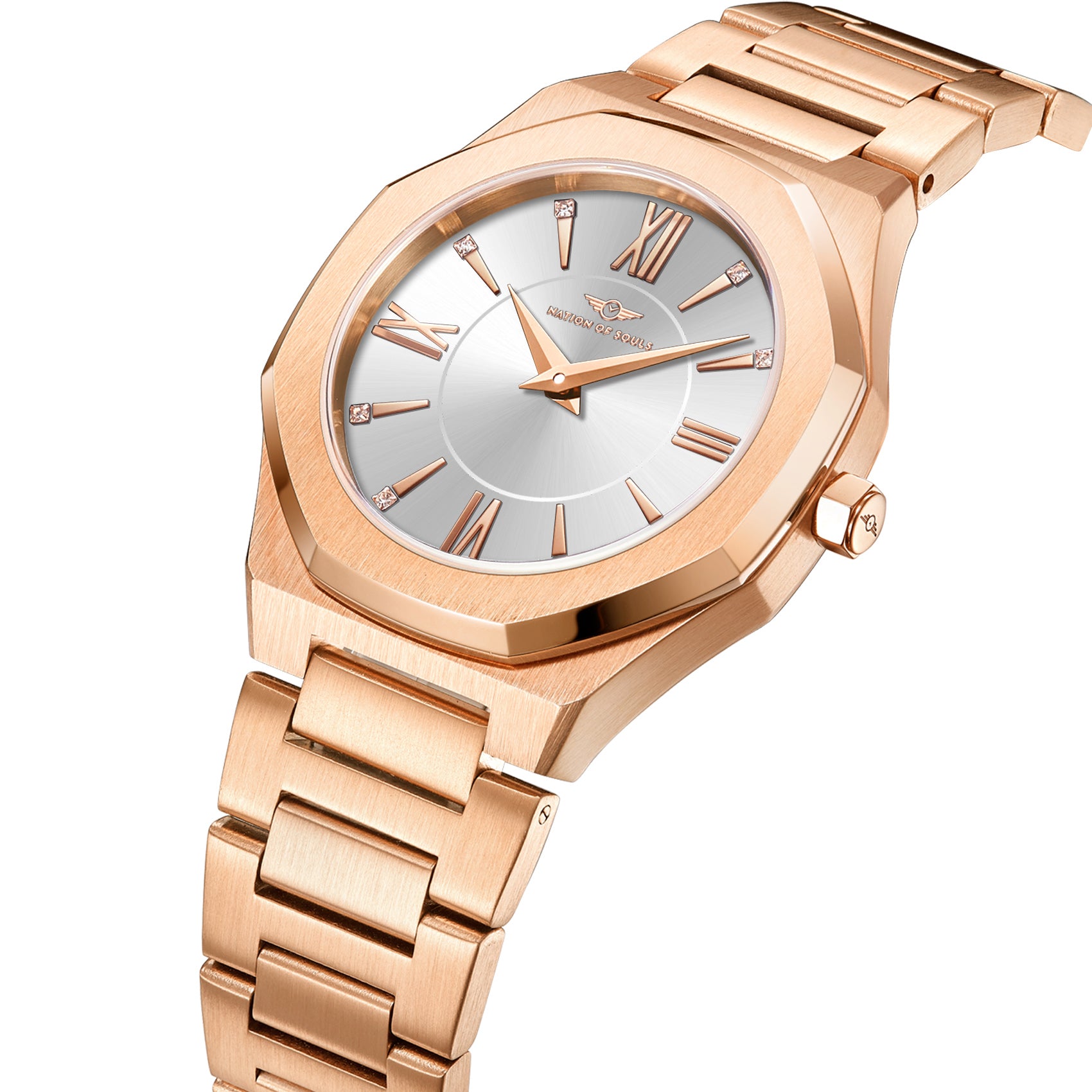 Livia Rose Gold - Silver watch featuring Roman numerals, square stones, and a multi-link bracelet strap.