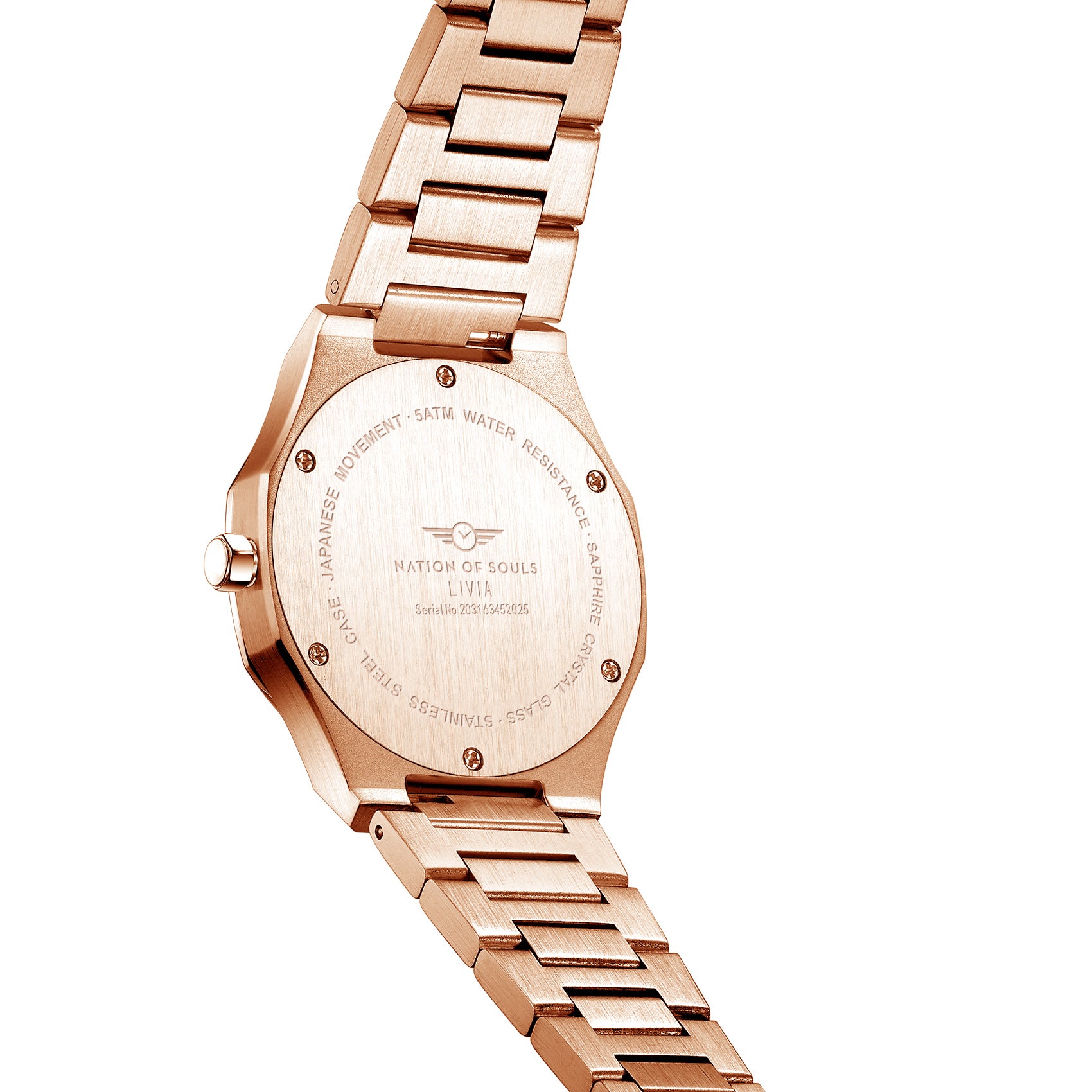 Livia Rose Gold - Silver watch featuring Roman numerals, square stones, and a multi-link bracelet strap.