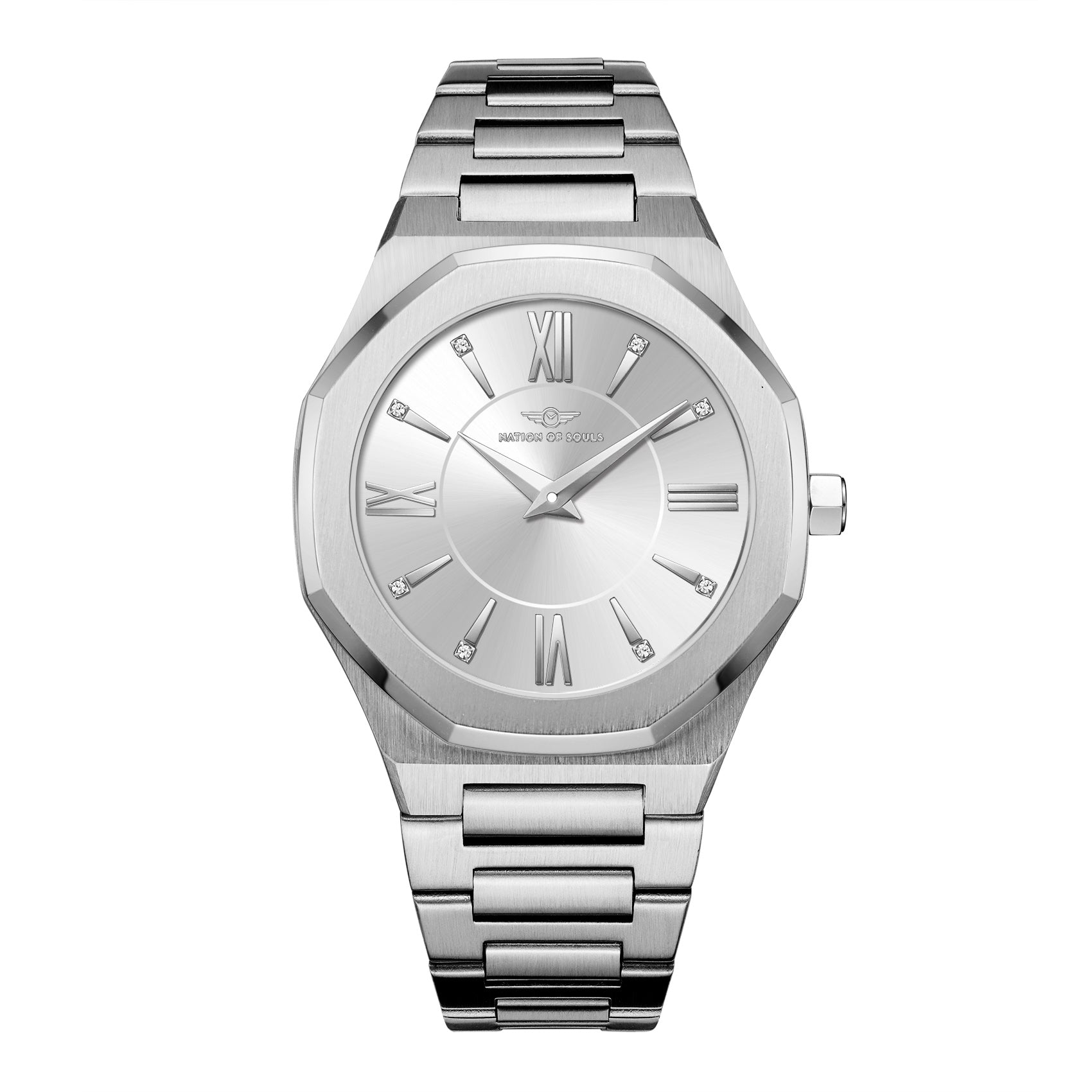 Livia Silver watch featuring bold Roman numerals, square stones, and a multi-link bracelet strap with a butterfly clasp.