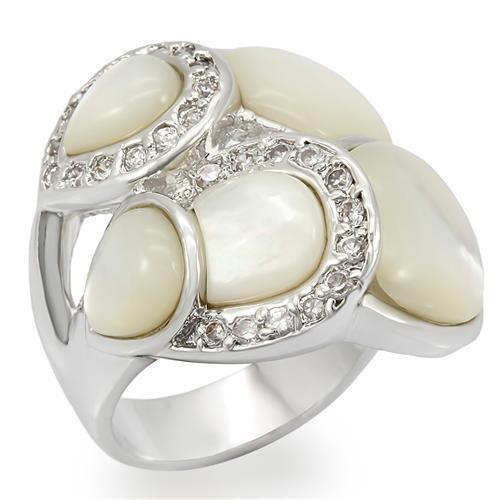 Rhodium brass ring featuring a white Conch precious stone, elegantly designed for style and comfort.