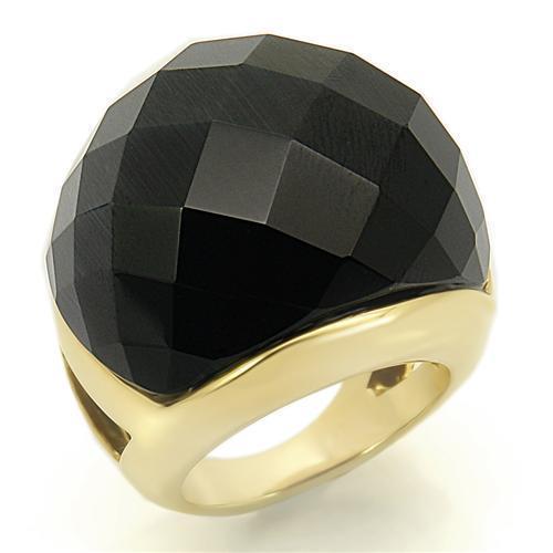 LO1041 Gold Brass Ring featuring a synthetic cat eye stone in jet color, showcasing its elegant design and luxurious finish.