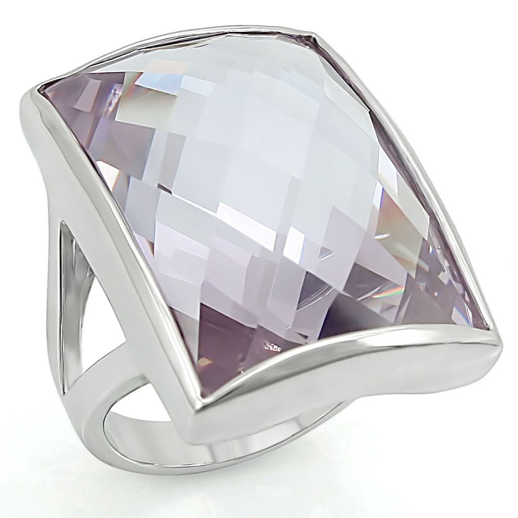 LO1252 Rhodium Brass Ring featuring AAA Grade CZ in Light Amethyst, showcasing its elegant design and sparkling center stone.