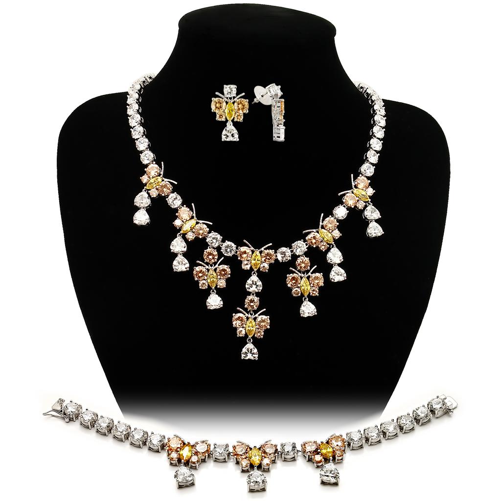 LO1453 Rhodium Brass Jewelry Set featuring AAA Grade CZ stones in vibrant multi colors, elegantly designed for any occasion.