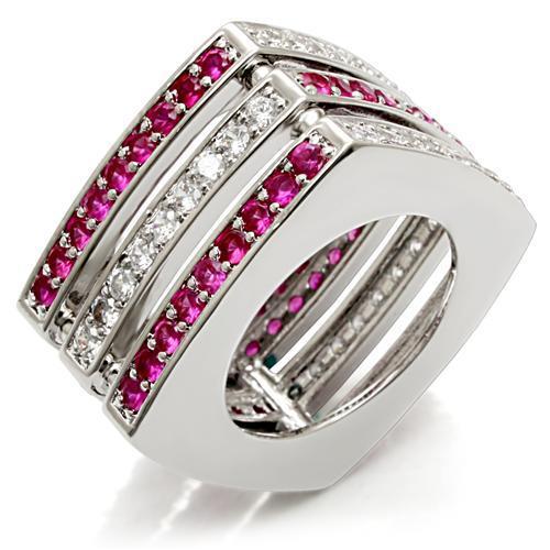 LO1483 Rhodium Brass Ring featuring a vibrant synthetic garnet in ruby color, elegantly designed for any occasion.