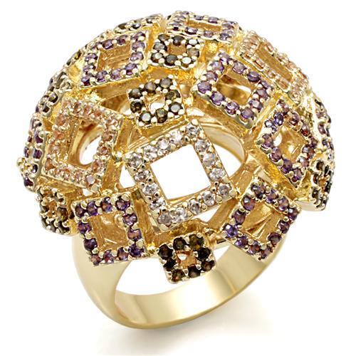 LO1485 Imitation Gold Brass Ring featuring AAA Grade CZ stones in a vibrant multi-color design, elegantly crafted for style and comfort.