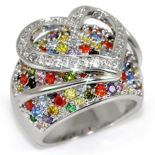 LO1510 Rhodium Brass Ring featuring a multi-color AAA Grade CZ stone, showcasing its elegant design and vibrant colors.